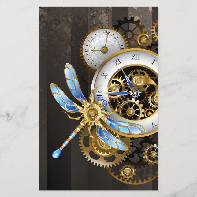 Steampunk Clock with Mechanical Dragonfly Stationery (Front)