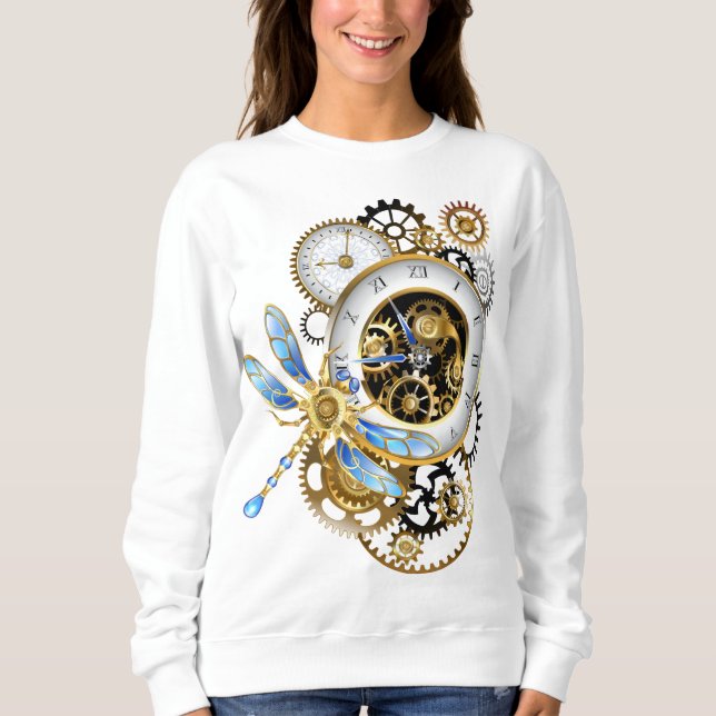 Steampunk Clock with Mechanical Dragonfly Sweatshirt (Front)