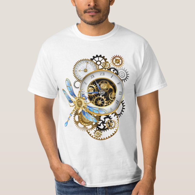 Steampunk Clock with Mechanical Dragonfly T-Shirt (Front)