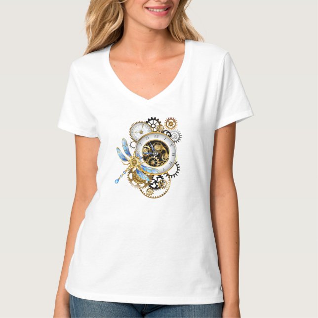 Steampunk Clock with Mechanical Dragonfly T-Shirt (Front)