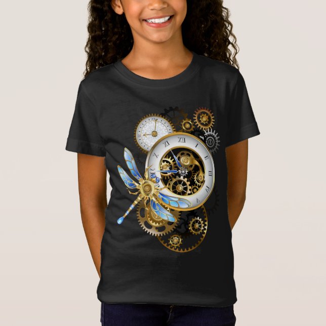 Steampunk Clock with Mechanical Dragonfly T-Shirt (Front)