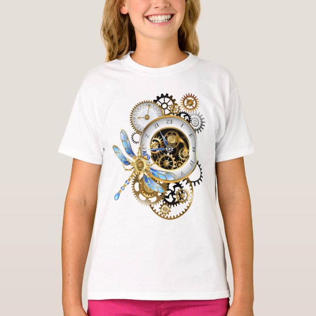 Steampunk Clock with Mechanical Dragonfly T-Shirt (Front)