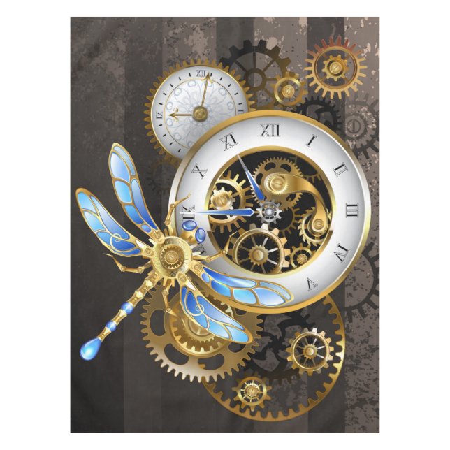 Steampunk Clock with Mechanical Dragonfly Tablecloth (Front)