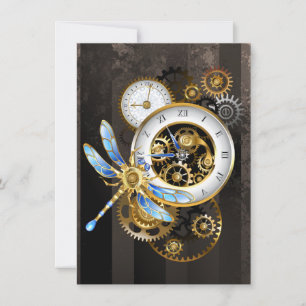 Steampunk Clock with Mechanical Dragonfly Thank You Card