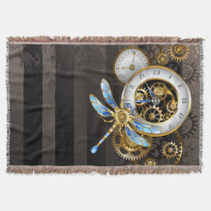 Steampunk Clock with Mechanical Dragonfly Throw Blanket