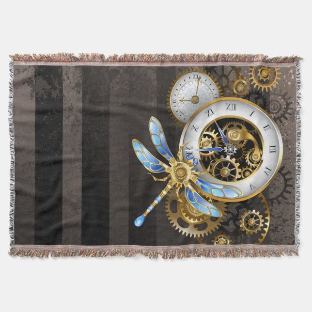 Steampunk Clock with Mechanical Dragonfly Throw Blanket (Front)