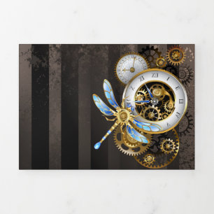 Steampunk Clock with Mechanical Dragonfly Tri-Fold Announcement