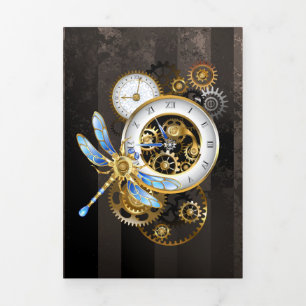 Steampunk Clock with Mechanical Dragonfly Tri-Fold Announcement