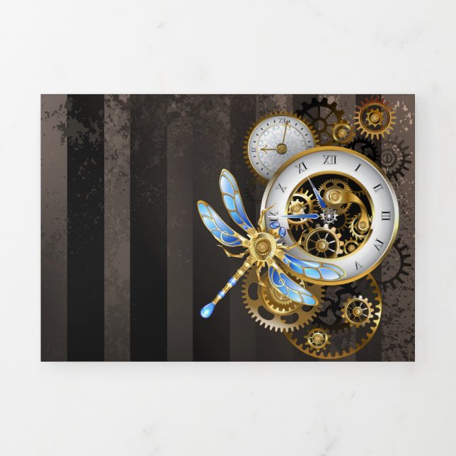 Steampunk Clock with Mechanical Dragonfly Tri-Fold Invitation (Cover)