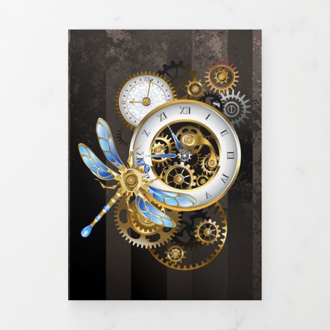 Steampunk Clock with Mechanical Dragonfly Tri-Fold Invitation (Cover)