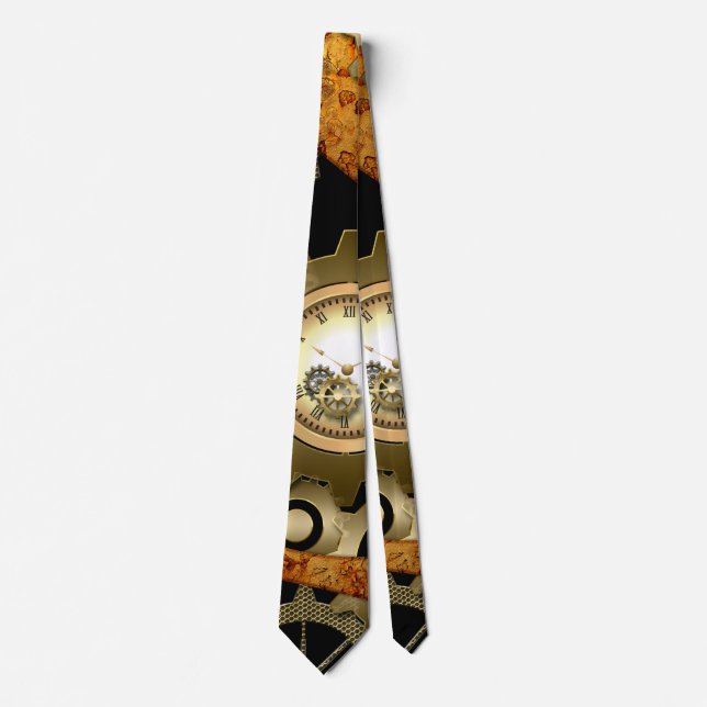 Steampunk, clocks and gears in golden colours tie (Front)