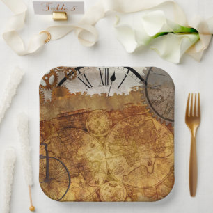 Steampunk Clocks Time Vintage Map Paper Plate