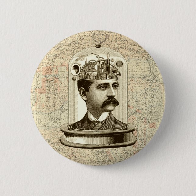 Steampunk clockwork brain head in jar 6 cm round badge (Front)