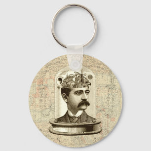Steampunk clockwork brain head in jar key ring