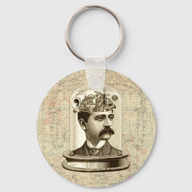 Steampunk clockwork brain head in jar key ring (Front)
