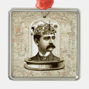 Steampunk clockwork brain head in jar metal tree decoration