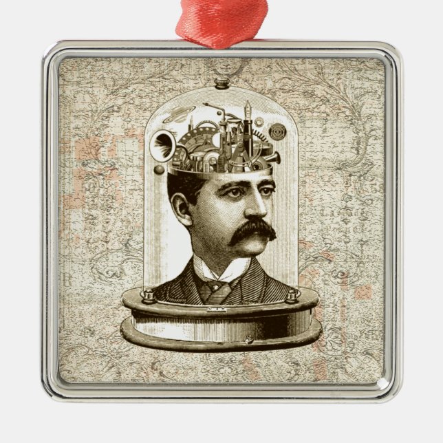 Steampunk clockwork brain head in jar metal tree decoration (Front)