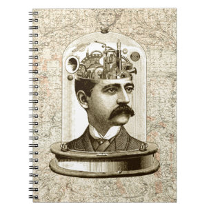 Steampunk clockwork brain head in jar spiral notebook