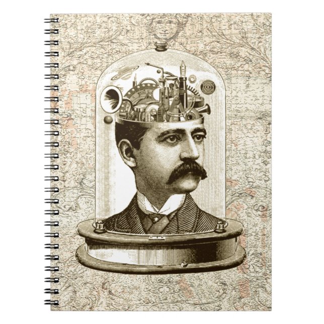 Steampunk clockwork brain head in jar spiral notebook (Front)