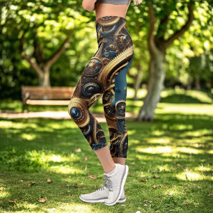 Steampunk Clockwork Gold and Teal Capri Leggings
