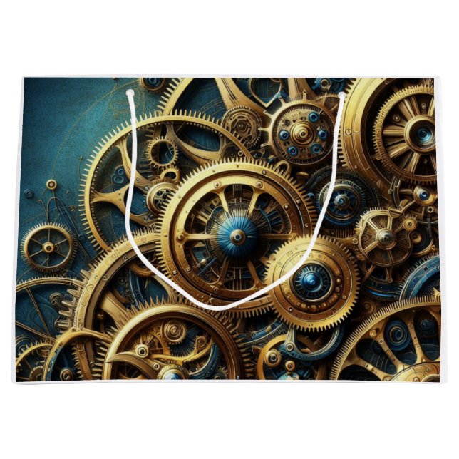 Steampunk Clockwork Gold and Teal Large Gift Bag (Front)