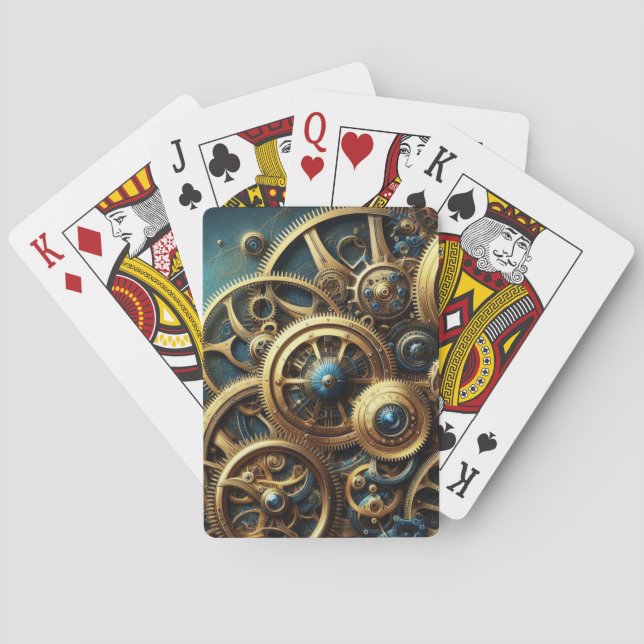 Steampunk Clockwork Gold and Teal Playing Cards (Back)