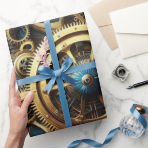 Steampunk Clockwork Gold and Teal Wrapping Paper