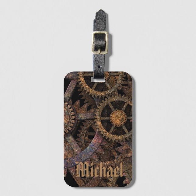Steampunk Cogs and Wheels Personalised Luggage Tag (Front Vertical)