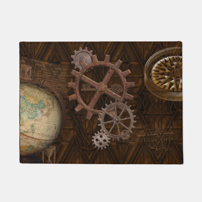 Steampunk Cogs , Gears, Globe & Skelton Key Doormat (Front)