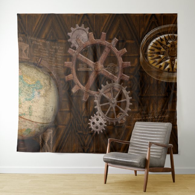 Steampunk Cogs , Gears & Skeleton Key Tapestry (In Situ (Horizontal))