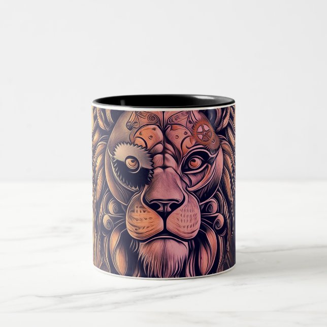 Steampunk Color Gradient Rustic Lion Two-Tone Coffee Mug (Center)