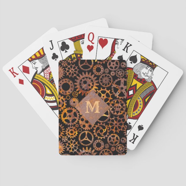 Steampunk Colorful Rusty Gears Custom Monogram Playing Cards (Back)