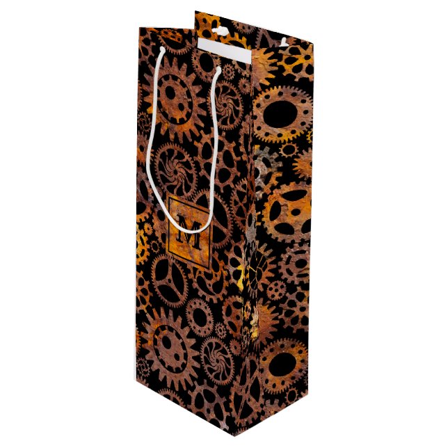 Steampunk Colorful Rusty Gears Monogram Block Wine Gift Bag (Front Angled)