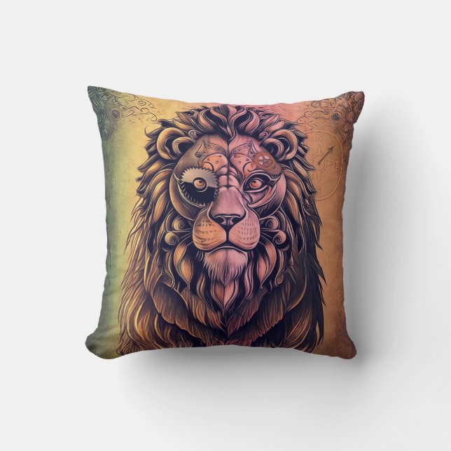 Steampunk Colour Gradient Rustic Lion Cushion (Front)