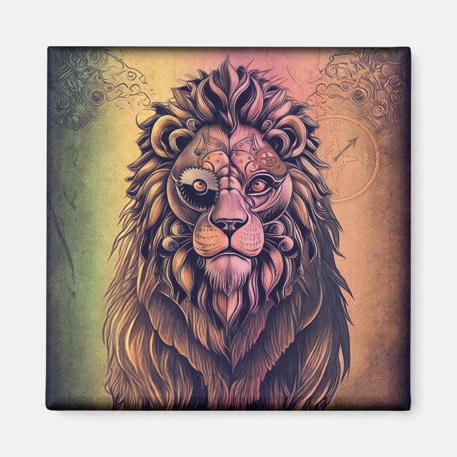Steampunk Colour Gradient Rustic Lion Magnet (Front)