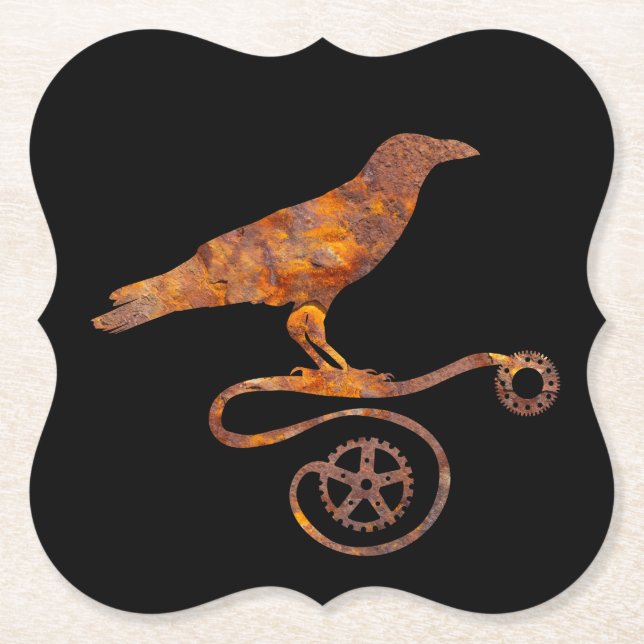 Steampunk Colourful Rusty Standing Crow and Gears Paper Coaster (Front)