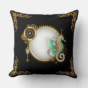 Steampunk Colourful Seahorse on White and Gold  Cushion