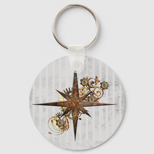 Steampunk Compass Star Grunge Key Ring (Front)