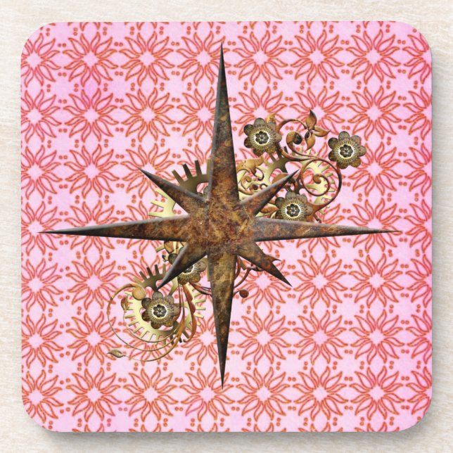 Steampunk Compass Star Hard Plastic Coasters (Front)