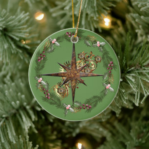 Steampunk Compass Star & Wreath Customisable Ceramic Tree Decoration