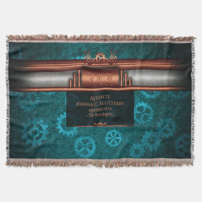 Steampunk copper and silver on teal cogs, Monogram Throw Blanket (Front)
