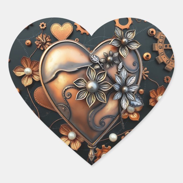 Steampunk Copper Metal Gears and Heart Sticker (Front)