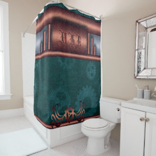 Steampunk, copper on teal sprockets, Monogram Shower Curtain
