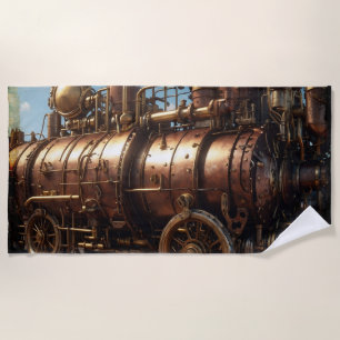 Steampunk Copper Steam Train Beach Towel