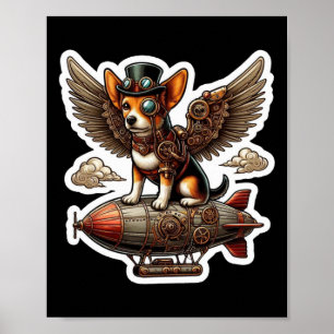 Steampunk Corgi Adventure Sticker - Whimsical Flyi Poster