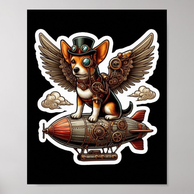 Steampunk Corgi Adventure Sticker - Whimsical Flyi Poster (Front)