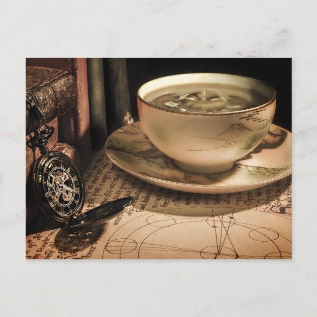 Steampunk Cup of Coffee on Saucer w/ Pocket Watch Postcard (Front)