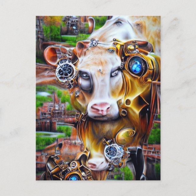 Steampunk Cyber Cow Postcard (Front)