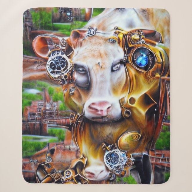 Steampunk Cyber Cow Sherpa Blanket (Front)