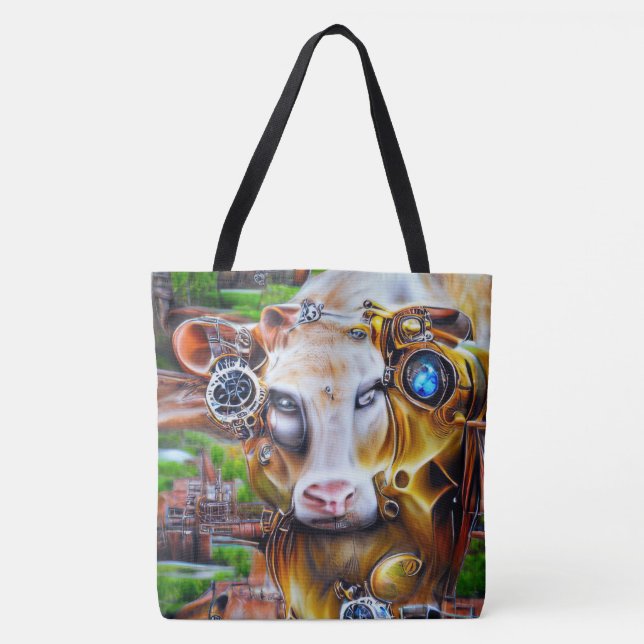 Steampunk Cyber Cow Tote Bag (Front)